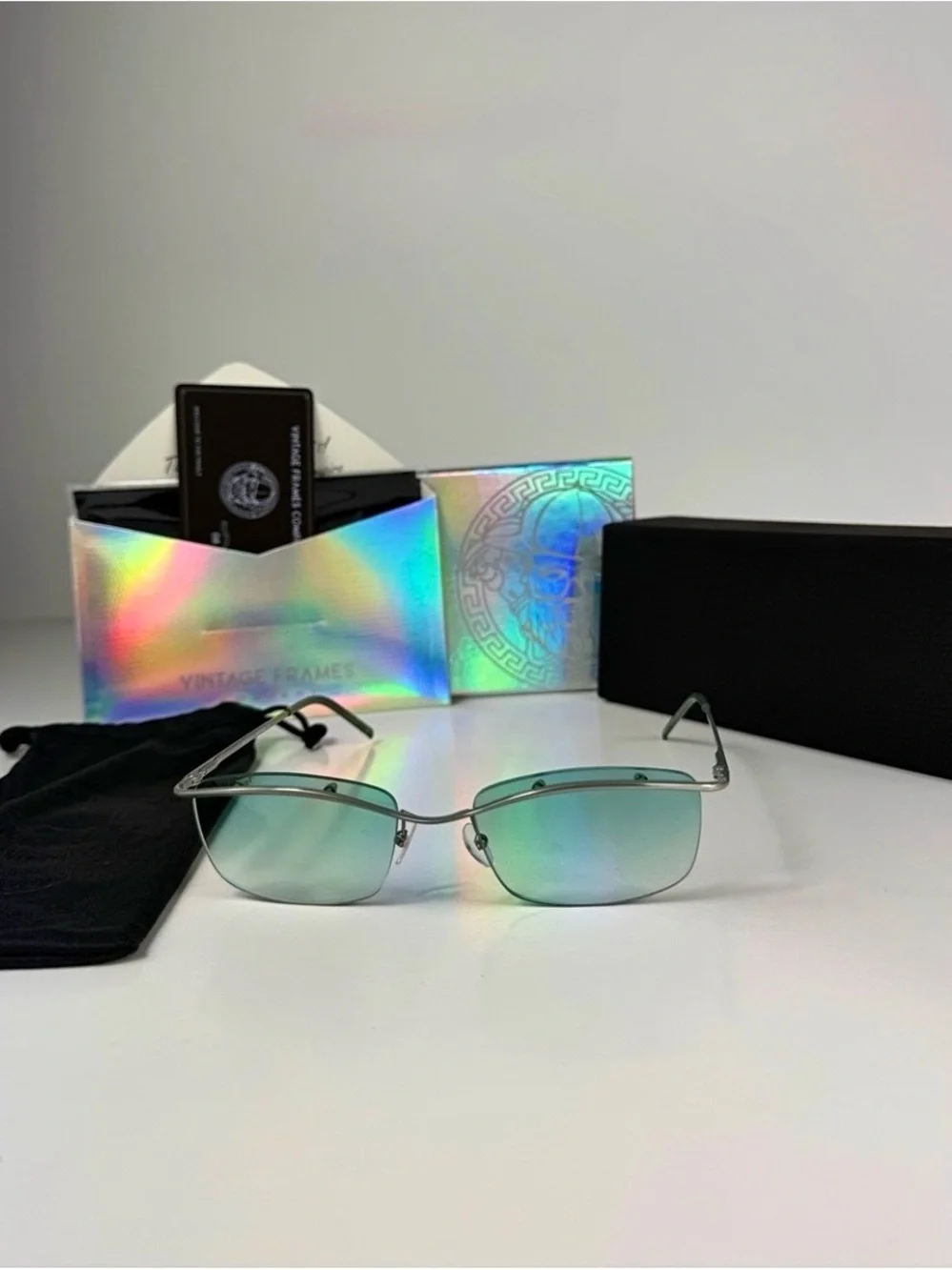 Gucci DeadStock Tom Ford Y2K Rimless Sunglasses GG 1654 T5T Teal Brow Bar Set
